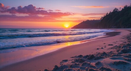Sunset over serene beach with gentle waves and colorful sky reflection in sand Copy Space