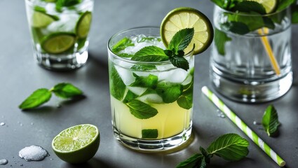 Fresh mojito cocktail with mint leaves and lime on a gray surface with ice cubes, garnished glassware, and sliced lime, Copy Space