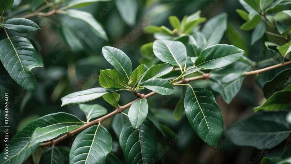 Poster close-up of green leaves on a branch in a natural setting with blurred background providing copy spa