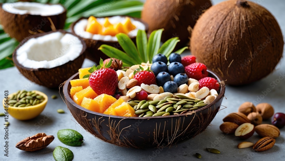 Poster colorful tropical fruit salad served in a coconut shell with assorted nuts and seeds on a stone surf