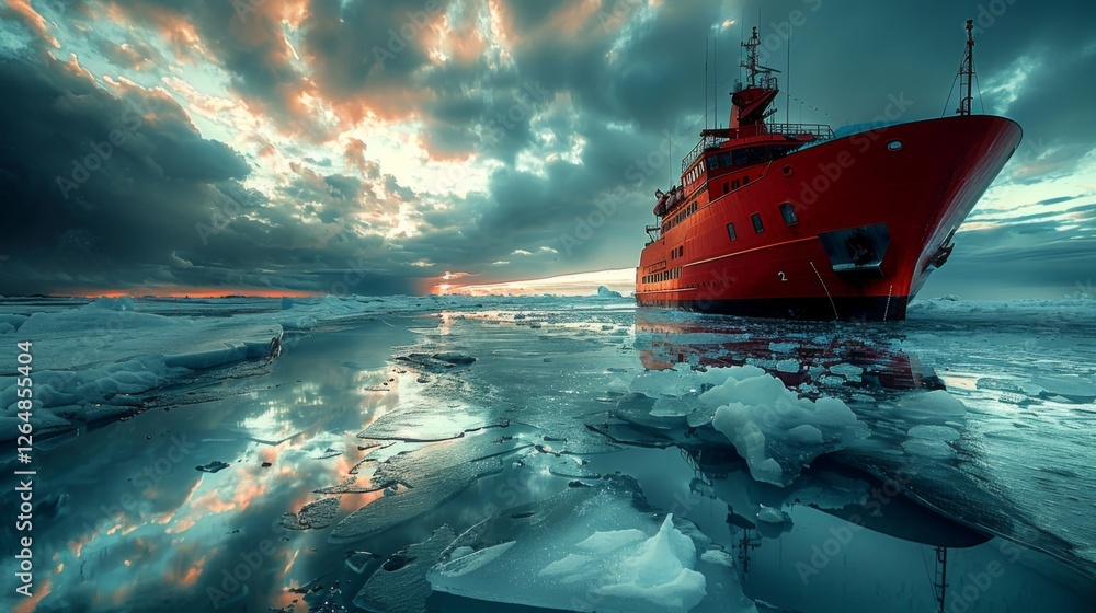 Poster a bright red icebreaker ship cuts through icy waters as dramatic clouds and reflections enhance the 