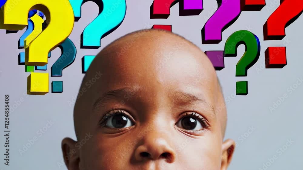Poster curious young child contemplates many colorful question marks floating above their head, symbolizing