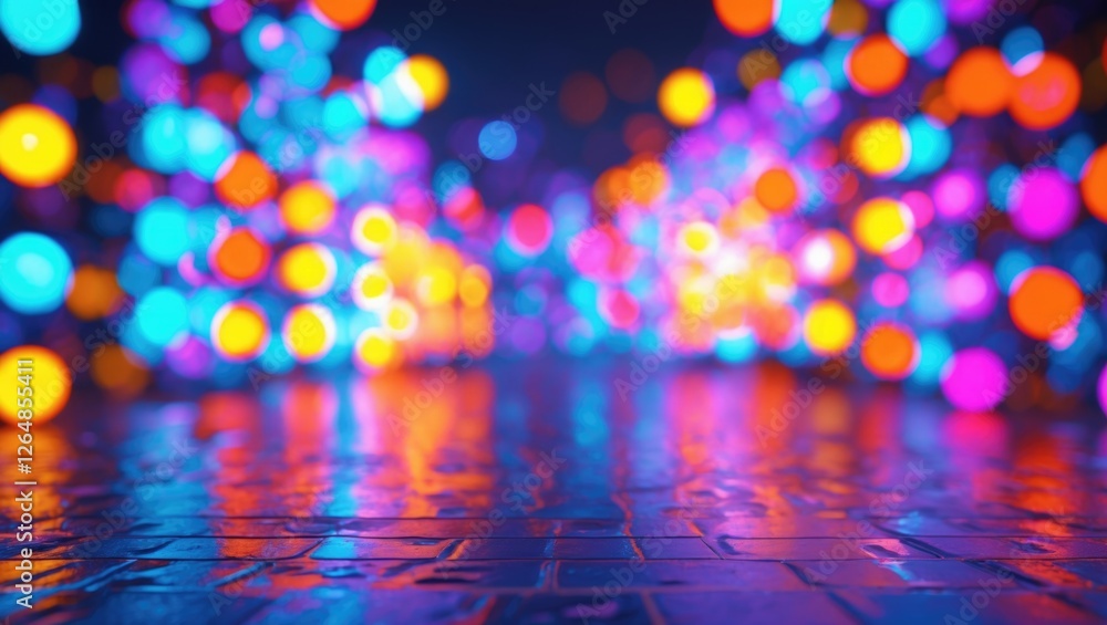 Poster colorful bokeh lights background with vibrant circles and reflections on wet surface for creative pr