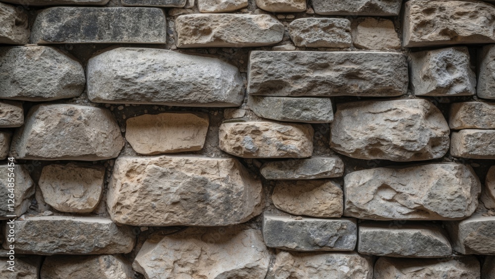 Poster textured stone wall background with various sizes and shapes of natural stones arranged in an irregu