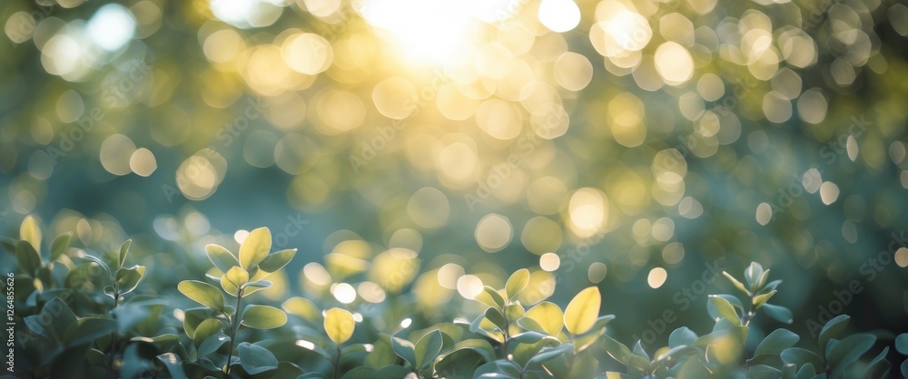 Poster sunlight illuminating green foliage with soft bokeh effect and pleasing blurry background. copy spac