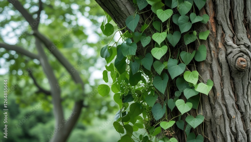 Poster vines with heart-shaped leaves growing on a textured tree trunk in a natural outdoor setting with bl
