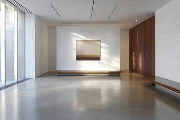 minimalist white gallery space with floating display poster, concrete floor meeting warm wood panels, architectural lighting casting subtle shadows