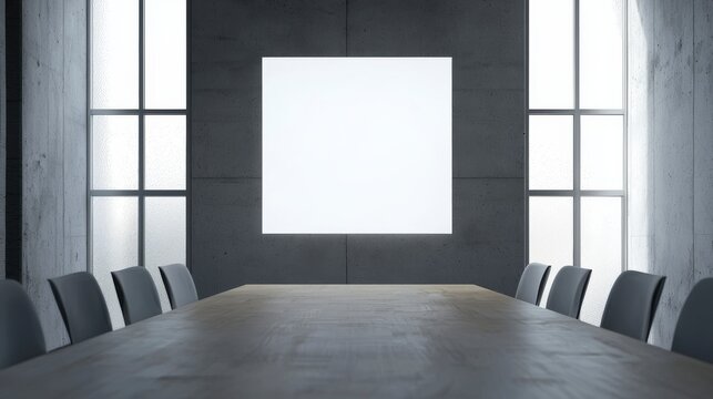 A striking concrete meeting space with a large bright panel, offering an industrial yet open feel, perfect for business discussions and creative brainstorming sessions.