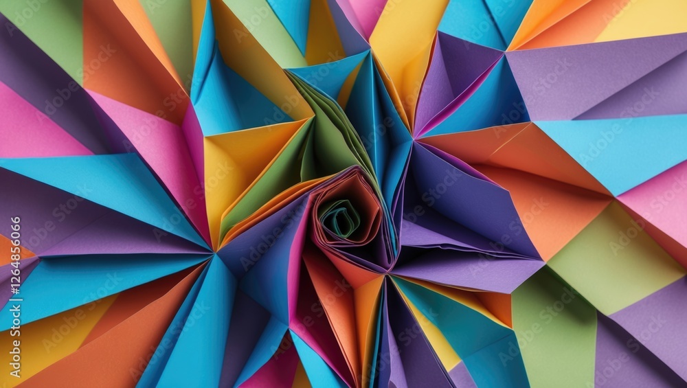 Poster colorful origami paper fan abstract background with intricate layering and shapes in vibrant hues of