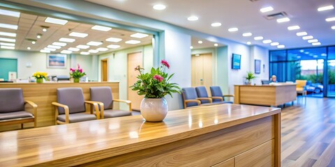 Calm Hospital Reception, Wooden Tabletop, Blurred Waiting Area, Documentary Photography, AI Photo