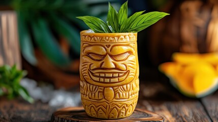 Tropical Tiki Cocktail with Fresh Herbs in Handcrafted Mug