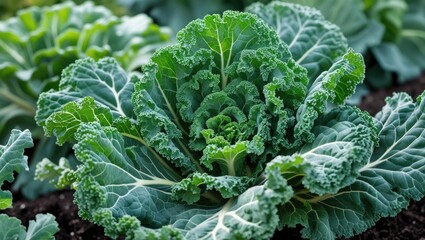 Fresh green kale leaves growing in a garden farm with rich soil and blurred background Copy Space