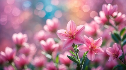 Obraz premium Close-up of blooming pink flowers with colorful bokeh background natural light soft focus Copy Space