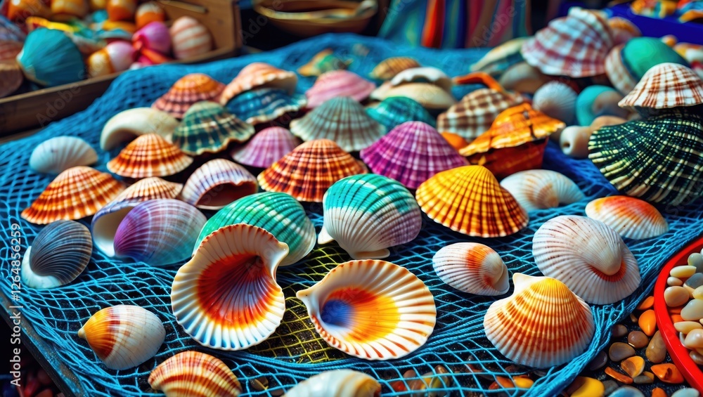 Poster colorful seashells displayed on fishing net with vibrant patterns and textures for decorative use in