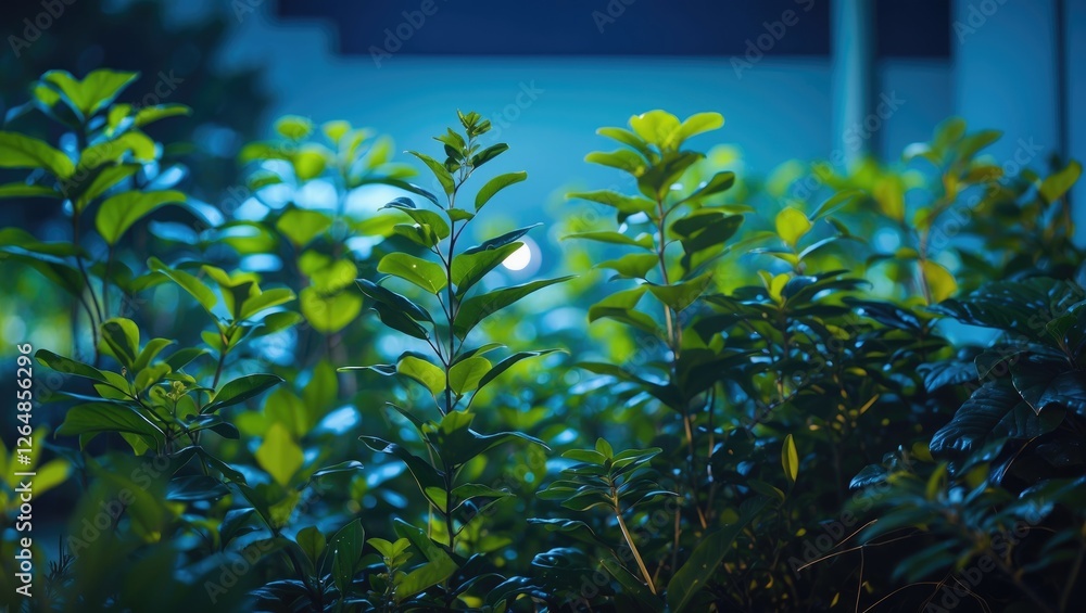 Aufkleber lush green foliage illuminated at night with soft blue lighting creating a tranquil atmosphere and c