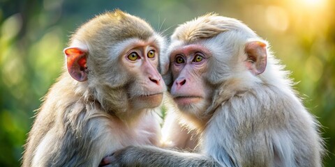 Fototapeta premium Two Playful Monkeys Embracing in Nature's Warm Light