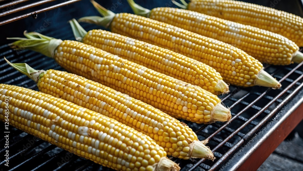 Poster grilled corn on the cob arranged in a row on a barbecue grill with vibrant yellow kernels and char m