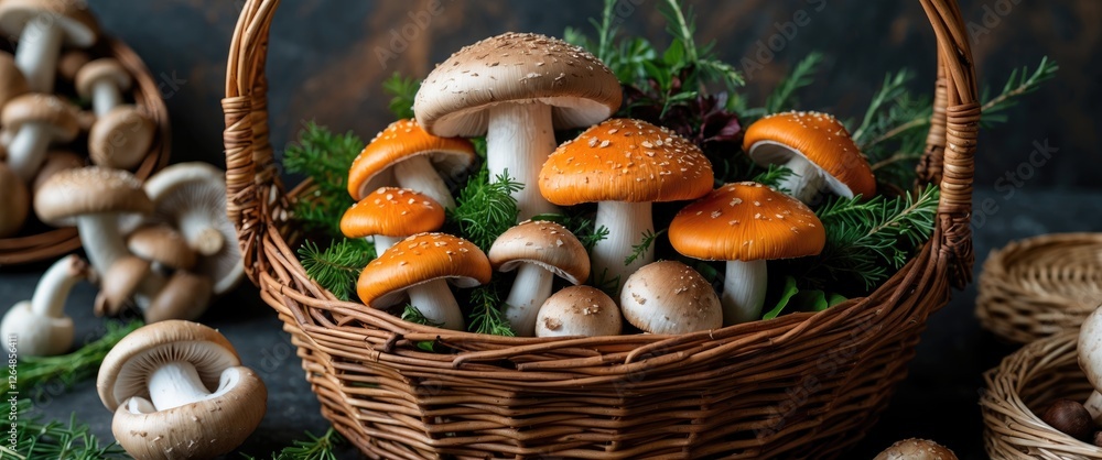 Poster freshly harvested mushrooms in a rustic wicker basket with greenery and additional mushrooms in the 