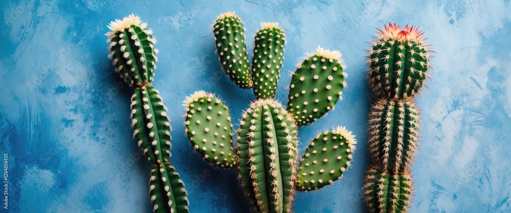 Aufkleber three varieties of cacti on a blue textured background with copy space for text