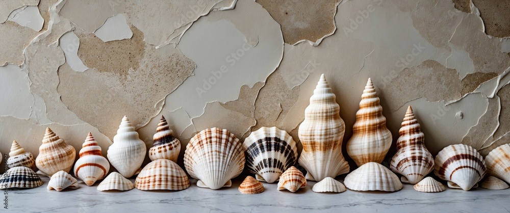 Poster collection of assorted seashells lined up on a textured surface with a neutral background providing 