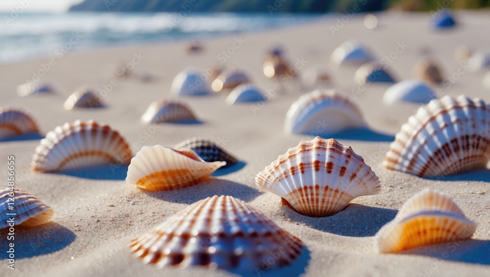 Poster close-up of various seashells scattered on sandy beach with ocean in background and soft sunlight il