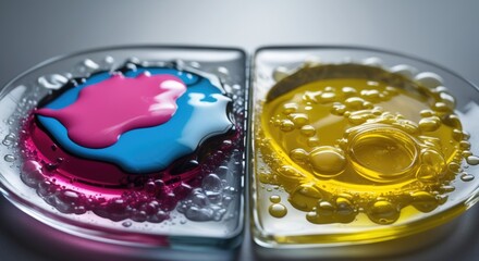 Colorful liquid blobs in glass petri dishes with bubbles on a gray background demonstrating fluid dynamics and texture.