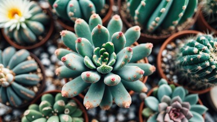Fototapeta premium Various succulent plants displayed in pots, featuring different shapes and textures, with a focus on a prominent rosette-shaped succulent, top view, Copy Space