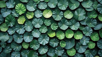 Green circular leaves background with various shades of green creating a natural textured pattern Copy Space