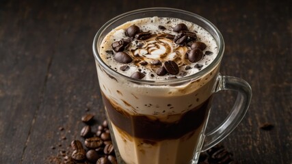 Iced coffee beverage topped with chocolate syrup and coffee beans in clear glass on wooden table with coffee beans scattered around