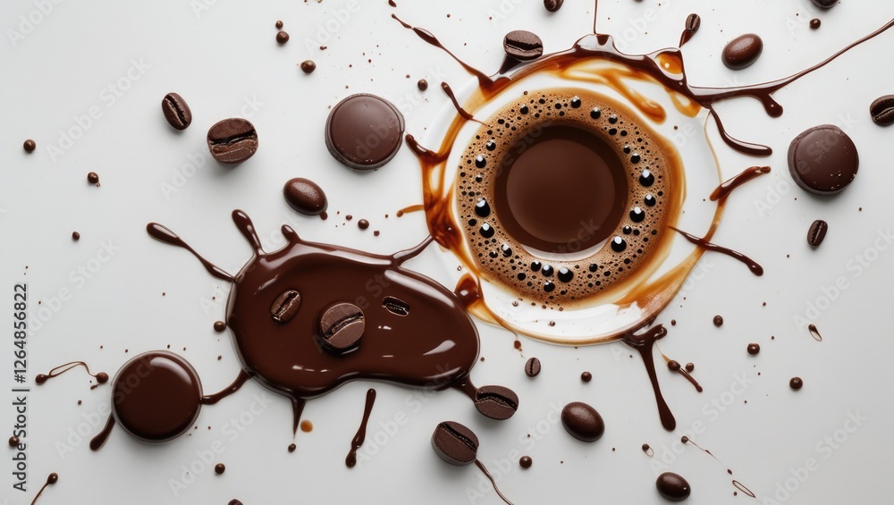 Poster abstract coffee splash with coffee beans and chocolate on a white background with ample copy space f