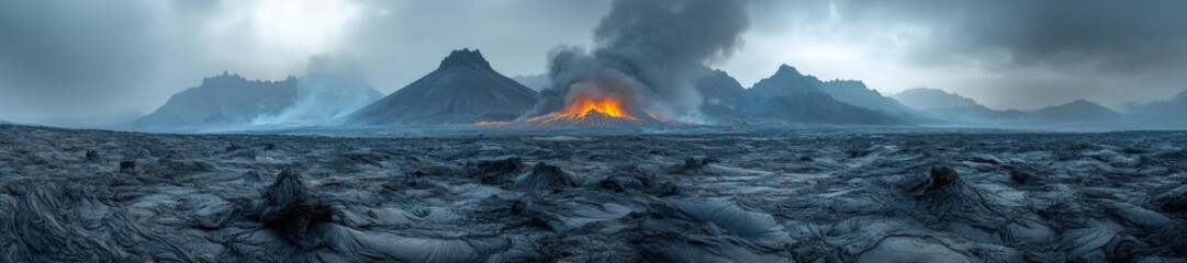 Volcanic Eruption and Lava Flowing Across the Landscape. Generative AI