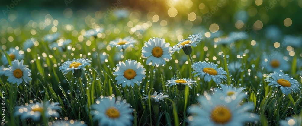 Poster daisies in dew-covered grass with sunlight bokeh effect in the background copy space