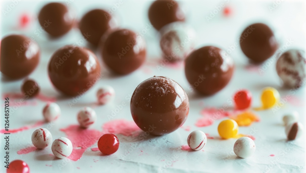 Aufkleber chocolate candies with colorful candy balls on a textured surface with splashes of vibrant colors an