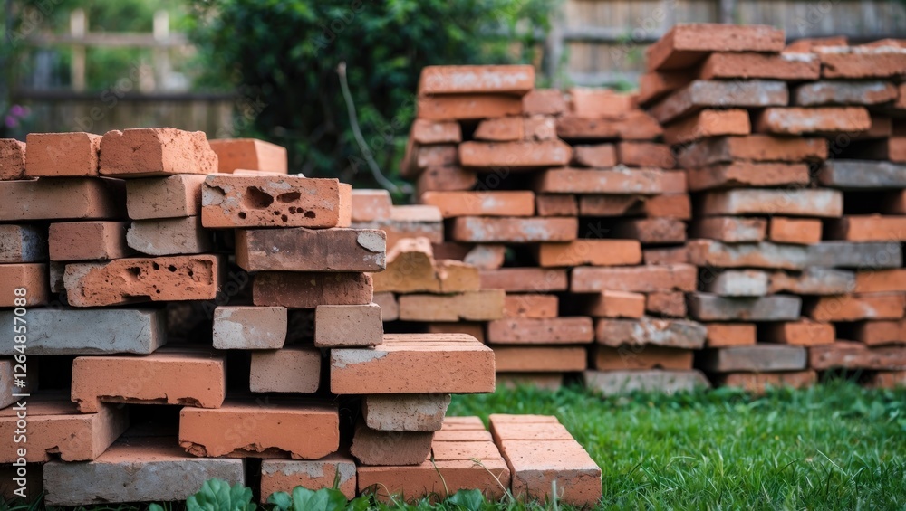 Poster piles of assorted building bricks stacked on green grass in an outdoor setting copy space