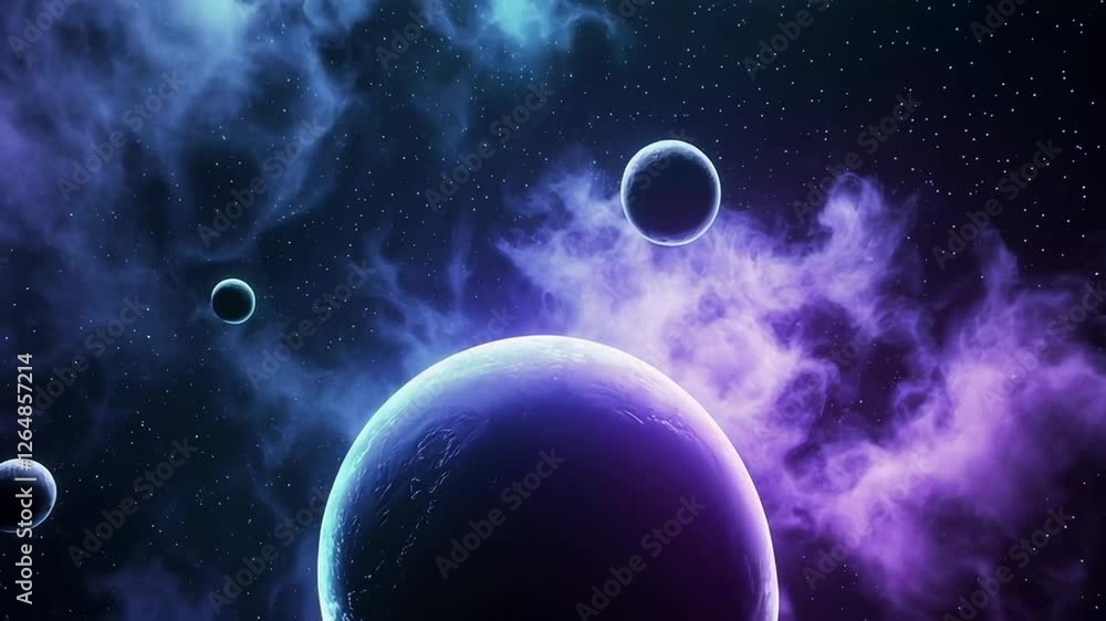 Poster cosmic dreamscape revealing purple nebulae drifting through infinite darkness, blending celestial el