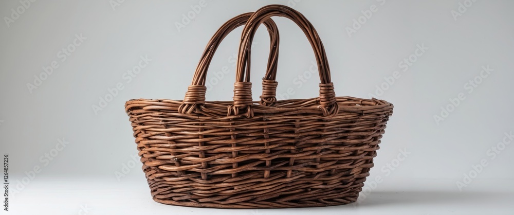 Poster brown wicker basket with two handles on a neutral background with ample copy space for text.