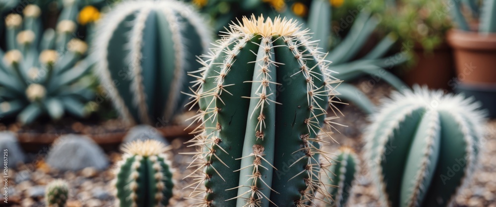 Poster cactus plants with sharp spines in a botanical garden setting surrounded by various succulents copy 