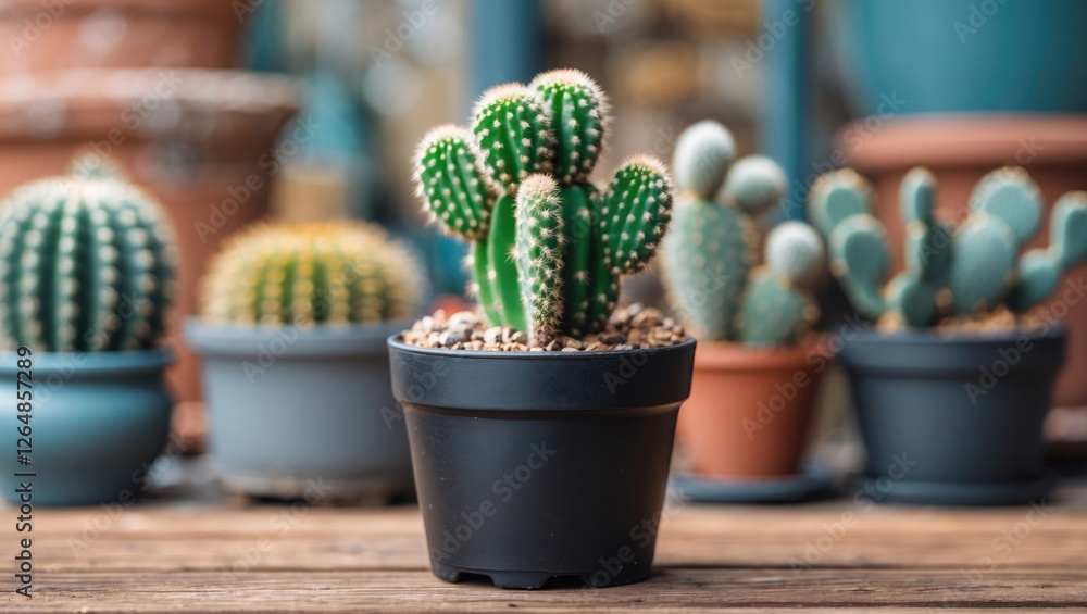 Poster assorted cacti in decorative pots displayed on a wooden surface with a focus on a prominent green ca