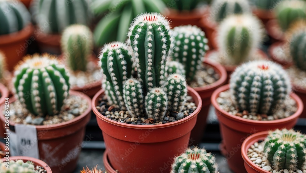 Poster various types of cacti in terracotta pots displayed in a greenhouse setting with blurred background 