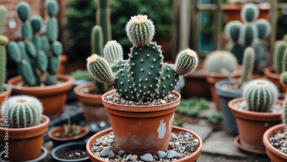 Poster cactus plants in various pots with natural background in a greenhouse setting showcasing different s