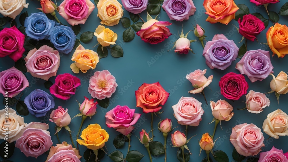 Poster assorted multicolored roses displayed on blue background floral arrangement with copy space for text