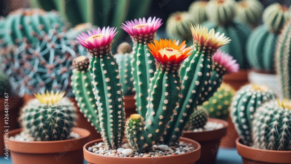 Poster colorful blooming cacti in pots with various shapes and sizes arranged in a garden setting copy spac