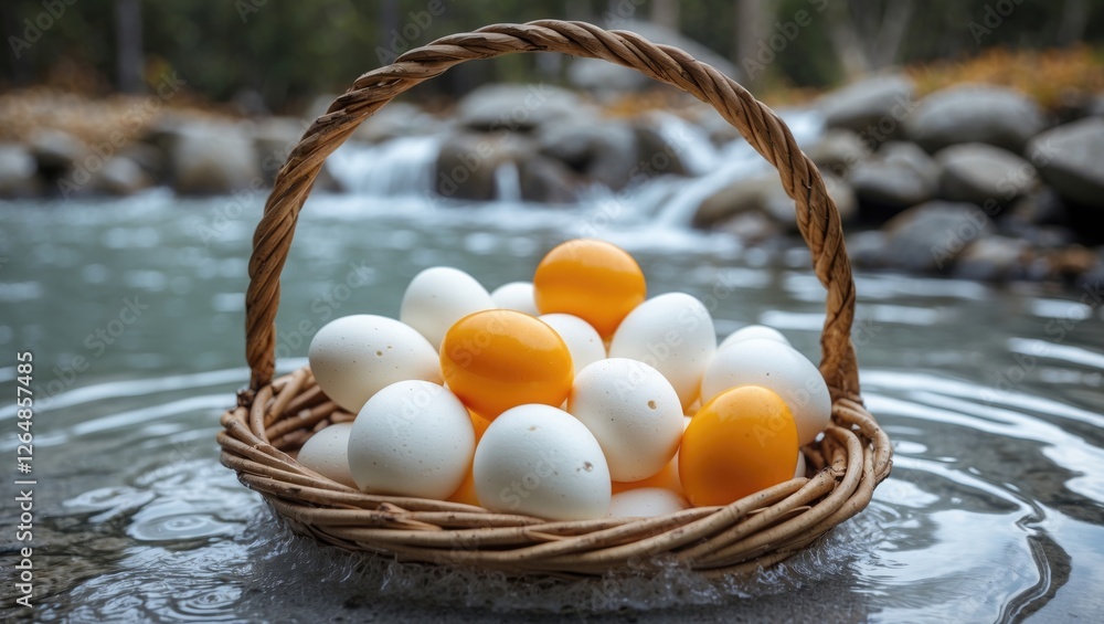 Poster basket of eggs with white and yellow shells resting in a shallow stream with blurred rocks and green