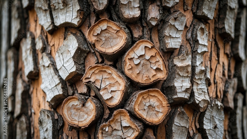 Aufkleber close-up view of textured tree bark with tree rings and natural patterns in earthy tones copy space