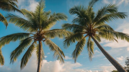 Two tall palm trees against a bright blue sky with fluffy clouds ideal for tropical or summer-themed backgrounds Copy Space