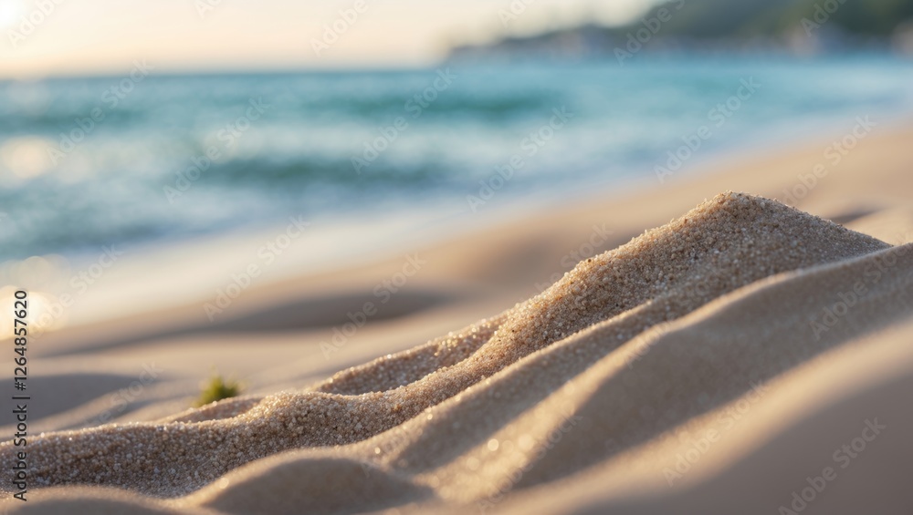 Poster close-up view of sandy beach dunes with gentle waves in the background during golden hour providing 