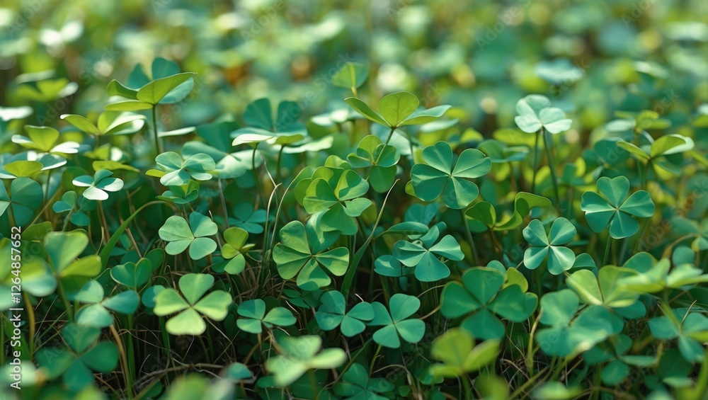 Aufkleber Close-up view of lush green clover plants with multiple leaflets in a vibrant meadow setting suitable for nature backgrounds Copy Space