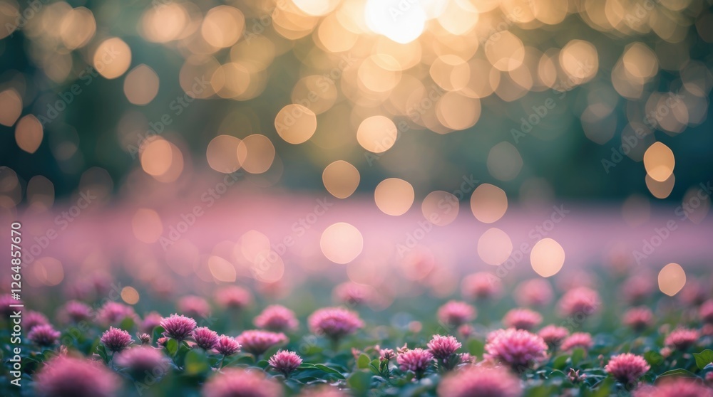 Aufkleber pink flower field with soft focus bokeh background and sunlight rays creating a dreamy atmosphere co