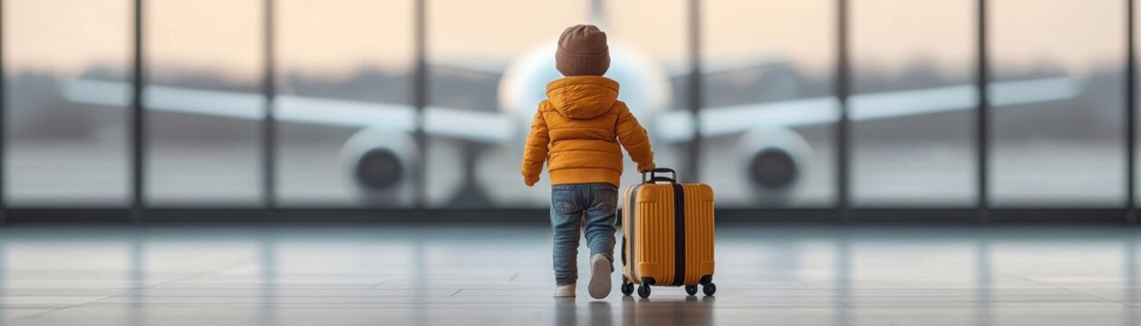Young child pulling small suitcase through airport terminal during travel journey or vacation with airplane in background and anticipation of upcoming adventure or holiday