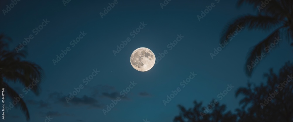Poster full moon in a clear night sky with silhouettes of palm trees creating a tropical atmosphere and amp